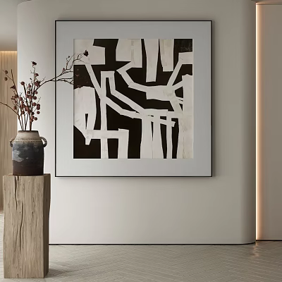 Black and White Abstract Painting Hanging on White Wall with Wooden Stand and Vase 3d model
