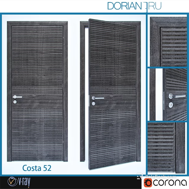 Dark Wooden Swing Door With Vertical Stripes And Silver Handle Design 3d model 
