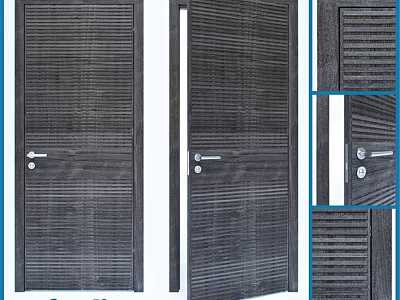 Dark Wooden Swing Door With Vertical Stripes And Silver Handle Design 3d model
