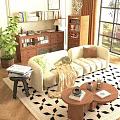 Cozy Beige Sofa And Round Coffee Table Set With Cushions Throw Blanket And Geometric Rug