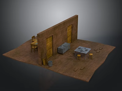 Rustic Wooden Dining Chairs In Cozy Kitchen Interior With Table And Bench 3d model