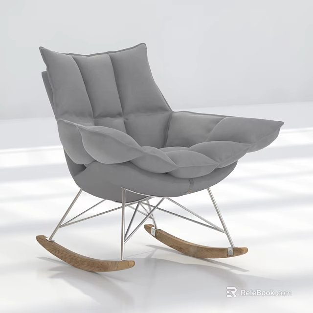 Gray Padded Rocking Leisure Chair With Metal Frame And Wooden Rockers 3d model 