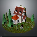 Modern Scene Featuring Red Roofed White House Small Red Cottage Pine Trees Grass And Path