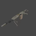 Modern Military Machine Gun with Sand Colored Body Tripod Stand and Ammunition Belt