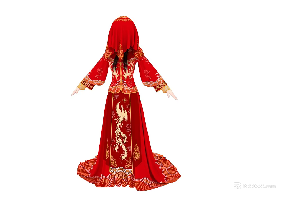 Woman in Traditional Red Chinese Bridal Robe with Golden Phoenix Embroidery 3d model 