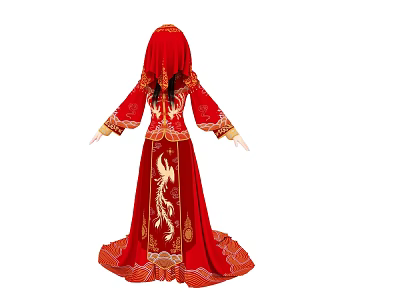 Woman in Traditional Red Chinese Bridal Robe with Golden Phoenix Embroidery 3d model