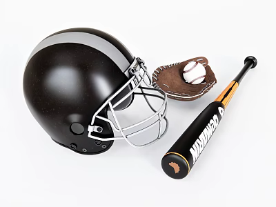 Baseball Sports Equipment With Helmet Leather Glove Ball And Wooden Bat 3d model