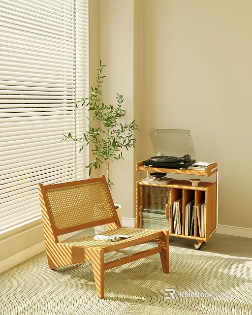 Wicker Leisure Chair With Window Blinds Green Plant Wooden Cart Record Player And Bookshelf 3d model 