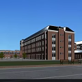 Red Brick Multi Story School Building With Green Lawn Trees And Open Plaza