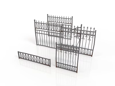 Decorative Iron Fence Components With Ornate Gates And Spiked Railings 3d model