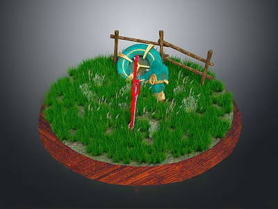 Decorative Weapon Model Featuring Red Sword And Blue Shield On Green Grass With Wooden Fence 3d model