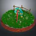 Decorative Weapon Model Featuring Red Sword And Blue Shield On Green Grass With Wooden Fence