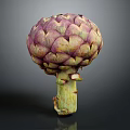 Fresh Purple Artichoke With Tightly Packed Leaves And Green Stem Against Dark Background