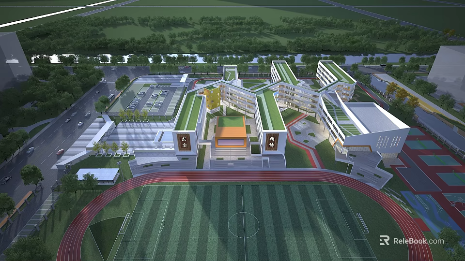Modern School Building Complex With Sports Field Running Track And Surrounding Greenery 3d model 