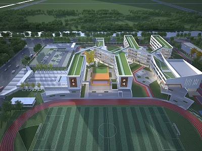 Modern School Building Complex With Sports Field Running Track And Surrounding Greenery 3d model