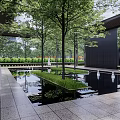 Modern Residential Landscape With Covered Entrance Tall Trees Green Plants And Bench Seating