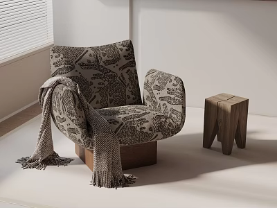 Stylish Accent Chair with Floral Pattern and Knit Throw in Modern Living Space 3d model