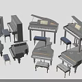 Various Styles of Pianos Including Grand Upright Models and Matching Stools
