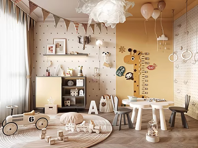 Kids Room Interior Design With Wooden Toys Table Chairs Giraffe Stickers And Bunting Flags 3d model