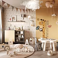 Kids Room Interior Design With Wooden Toys Table Chairs Giraffe Stickers And Bunting Flags