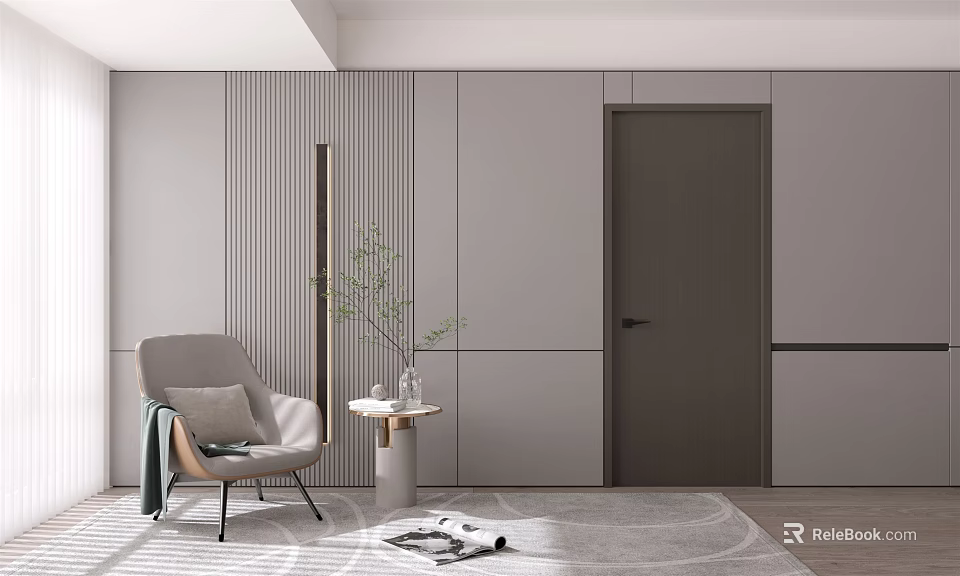 Modern Living Space With Gray Hinged Door Gray Armchair Side Table Plant And Rug 3d model 