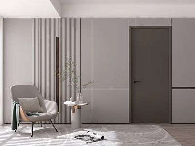 Modern Living Space With Gray Hinged Door Gray Armchair Side Table Plant And Rug 3d model
