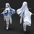 Game Movie Character With Long White Hair Blue White Cloak Short Skirt Blue Boots