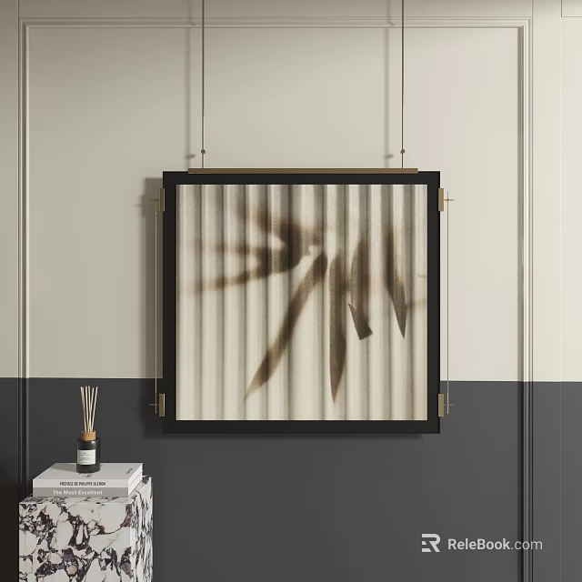 Abstract Painting With Black Frame Gold Metal Accents Bamboo Leaf Shadows On White Gray Wall 3d model 