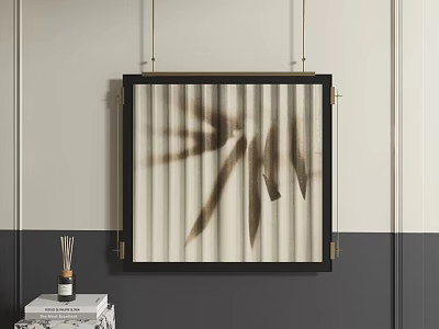 Abstract Painting With Black Frame Gold Metal Accents Bamboo Leaf Shadows On White Gray Wall 3d model