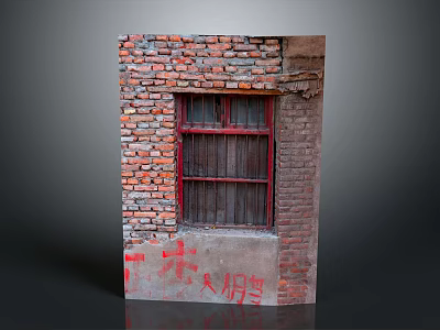 Vintage Casement Window With Red Frame On Exposed Brick Wall Structure 3d model