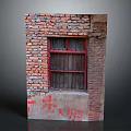 Vintage Casement Window With Red Frame On Exposed Brick Wall Structure 3d model