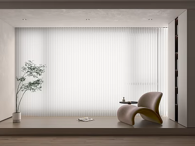 White Vertical Curtains in Modern Bright Room with Curved Chair Green Plant and Wooden Floor 3d model