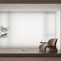White Vertical Curtains in Modern Bright Room with Curved Chair Green Plant and Wooden Floor