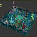 Cartoon Colorful Forest Scene With Square Area Blue Pond Green Vegetation And Red Trees