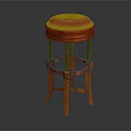 Classic Bar Stool With Red Velvet Upholstered Round Seat And Wooden Legs Design