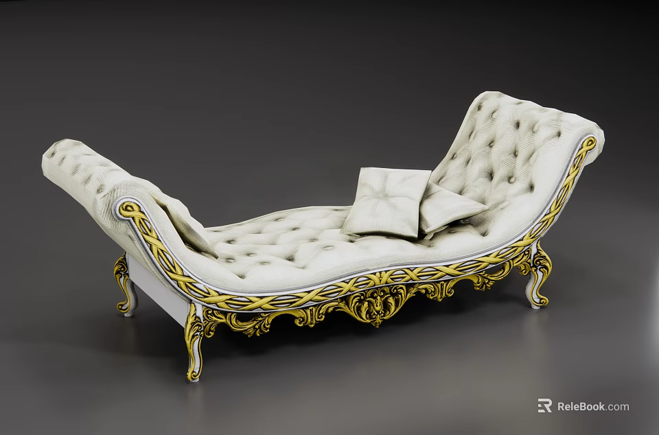 Classic White Sofa Bench With Golden Ornate Accents And Soft Cushions 3d model 
