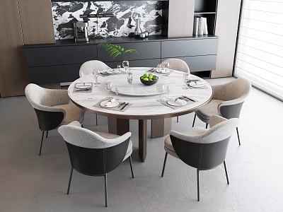 Modern Round Marble Dining Table Set With Six Light And Dark Gray Chairs 3d model