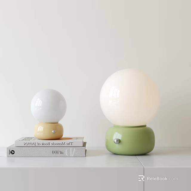 Modern Minimalist Table Lamps with Spherical White Shades and Green Yellow Bases on Books 3d model 