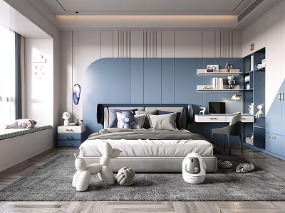 Modern Kids Room Interior Design With Blue Bed Desk Chair Toys And Soft Rug 3d model