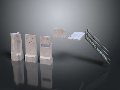 Various Shaped Concrete Blocks And Metal Stair Components On Black Reflective Surface 3d model