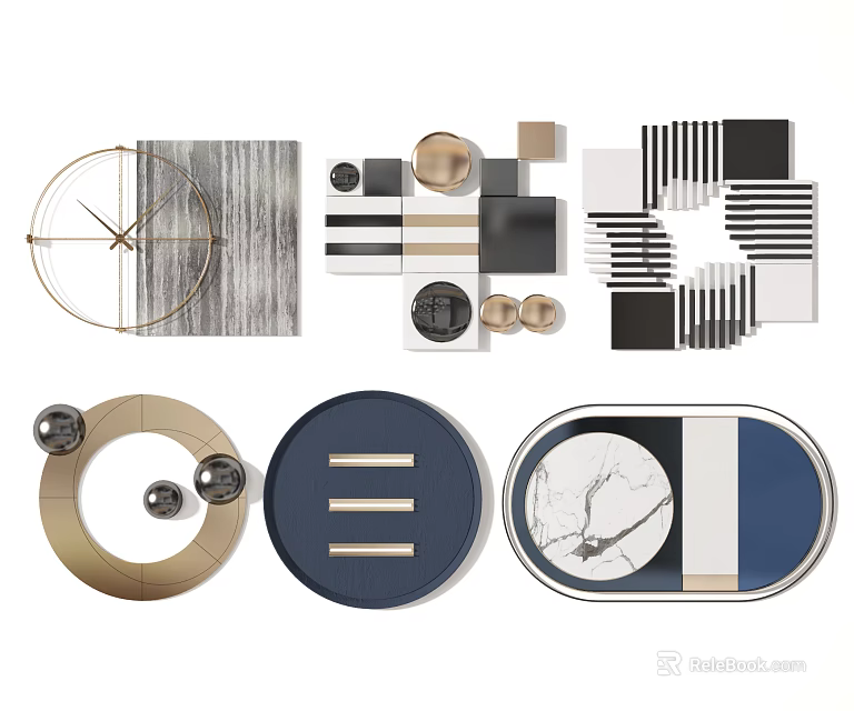 Stylish Modern Wall Decor With Gold Black Marble Circular Square Geometric Patterns 3d model