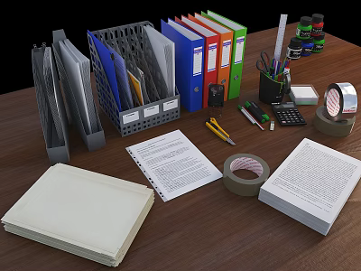 Organized Office Desk With Colored Folders Documents Stationery Calculator Tape Scissors 3d model