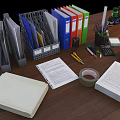 Organized Office Desk With Colored Folders Documents Stationery Calculator Tape Scissors