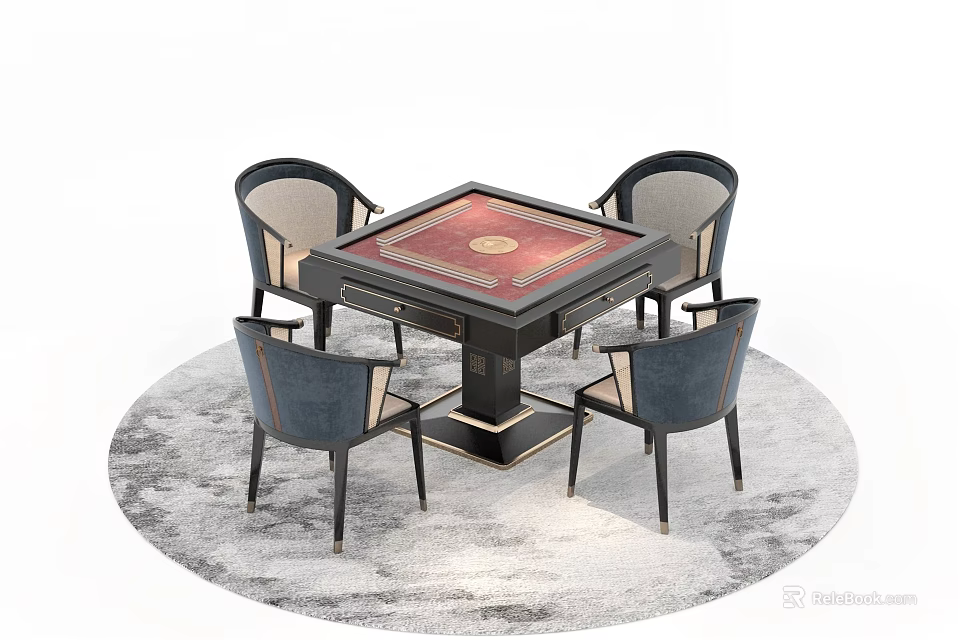 Red Gold Patterned Entertainment Table with Four Dark Upholstered Chairs on Gray Rug 3d model