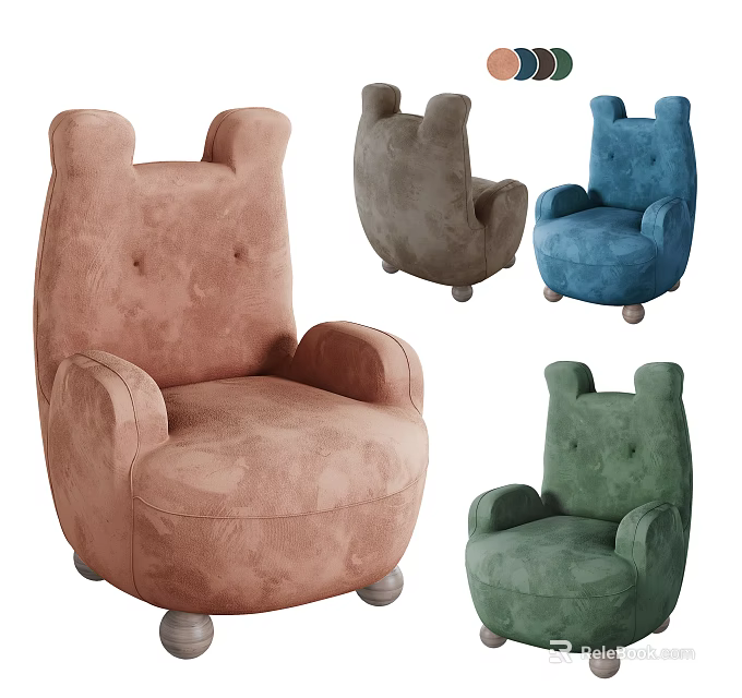 Cute Kids Single Sofa With Bear Ear Design Plush Fabric Multiple Colors 3d model 