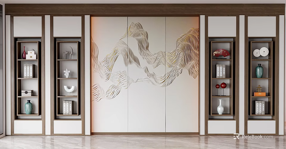 Sofa Background Wall With White Panel Golden Mountain Pattern And Side Display Cabinets With Decorations 3d model