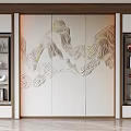 Sofa Background Wall With White Panel Golden Mountain Pattern And Side Display Cabinets With Decorations 3d model