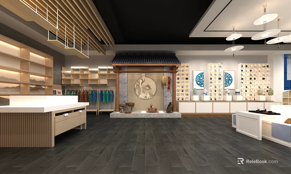 Traditional Chinese Store Interior With Shelves Traditional Clothes Counter And Decorative Painting 3d model 