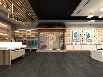Traditional Chinese Store Interior With Shelves Traditional Clothes Counter And Decorative Painting 3d model