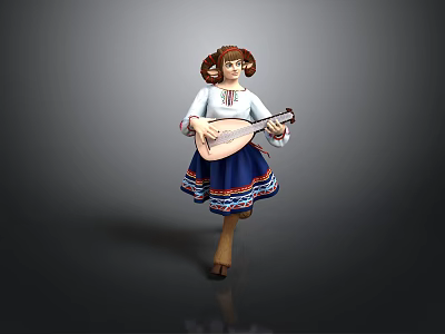 Traditional Folk Doll Figure Wearing White Blouse And Blue Decorative Skirt With Stringed Instrument 3d model